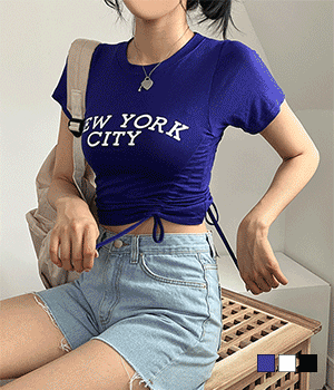 [무료배송] 뉴욕시티 레터링 2줄 셔링 크롭 반팔 티셔츠