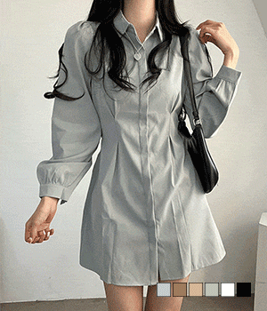 [무료배송] 랜느 허리핀턱 뒷밴딩 벌룬 미니 셔츠 원피스